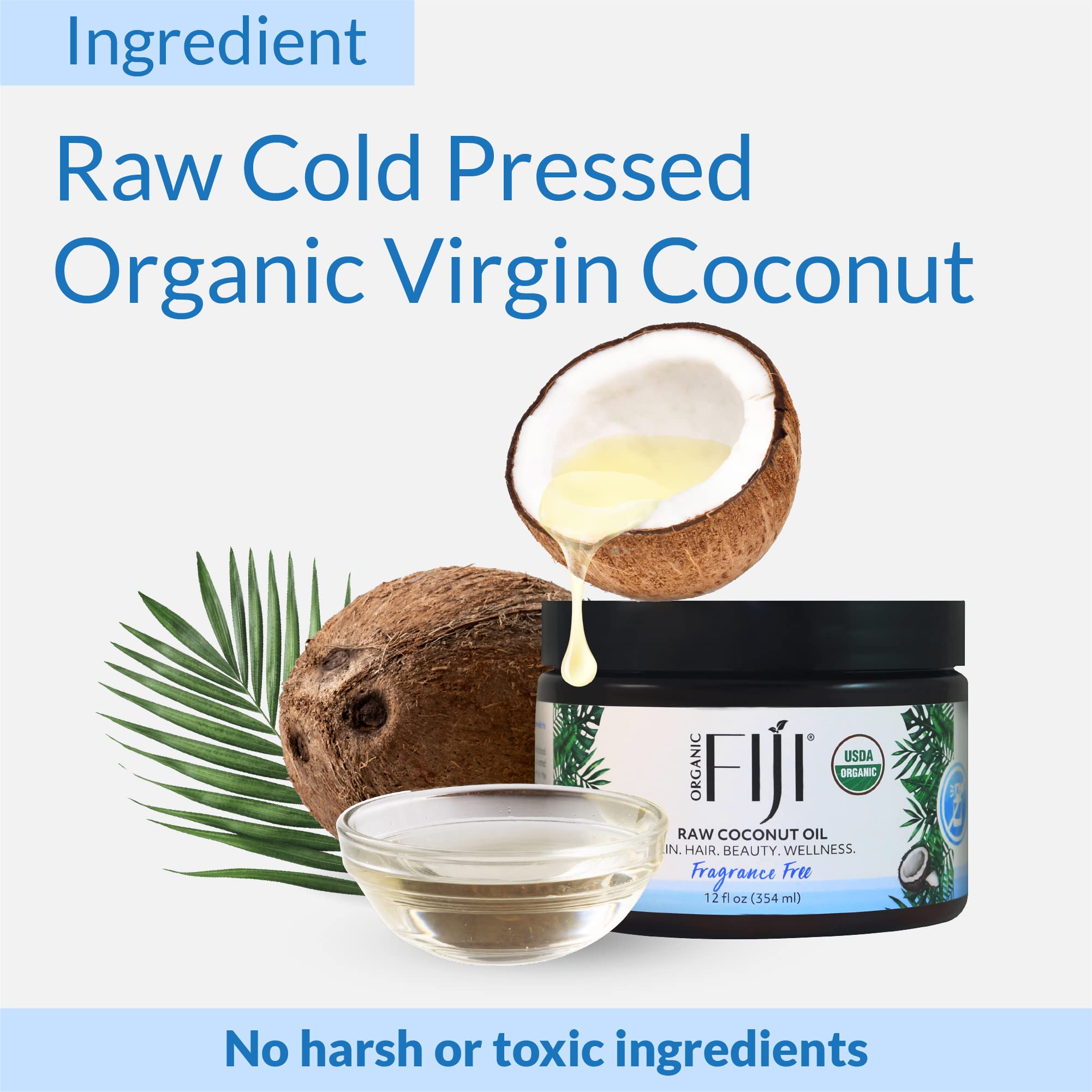 Organic Fiji Raw Cold Pressed Coconut Oil for Hair, Skin, Face & Body | Relaxing Massage Oil | Fragrance Free, 12 oz for Women Men & Baby