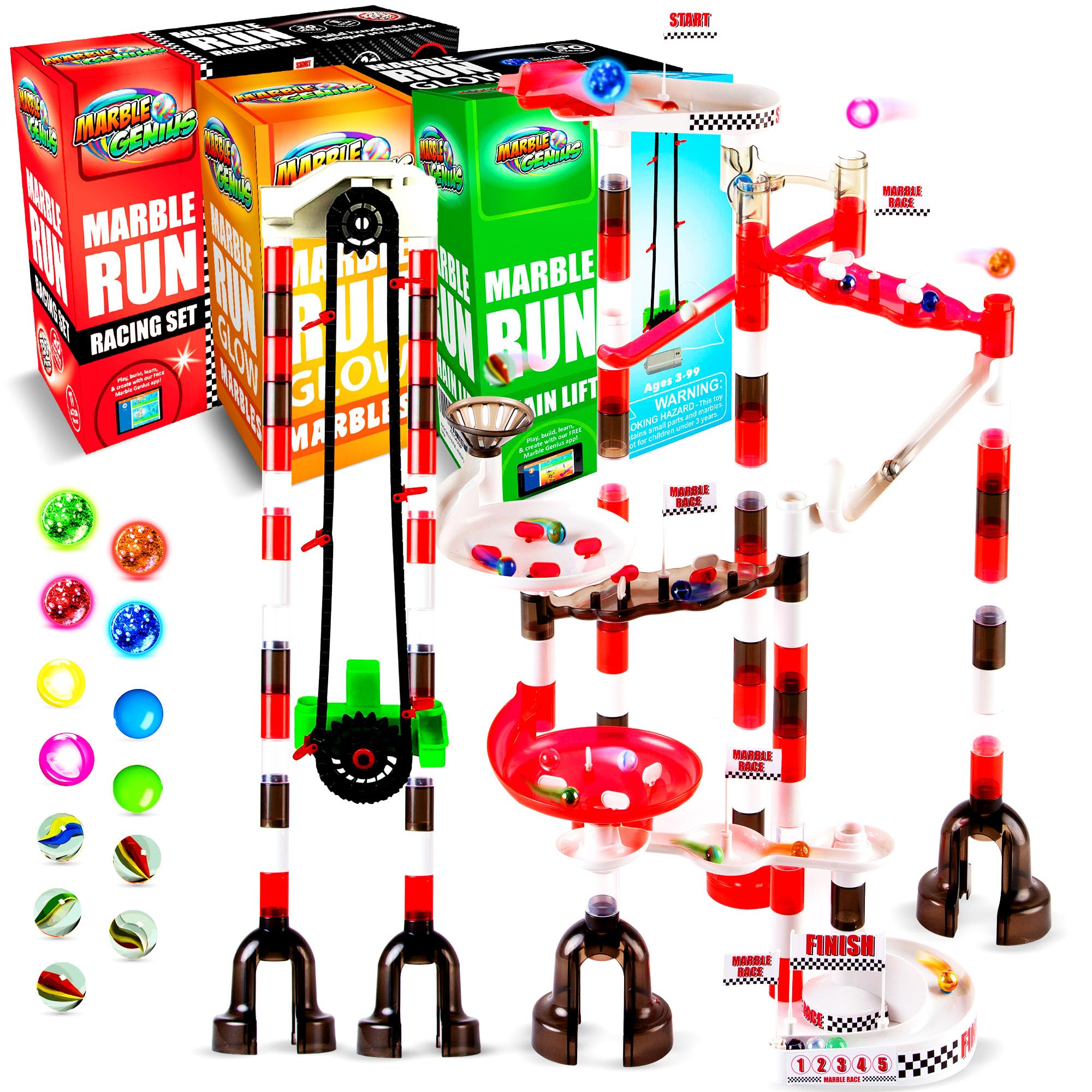 Marble Genius Bundle: Marble Run Racing Set (200 Pieces), Marble Glow Run Race Track Set Glow in The Dark (50 Pieces), Automatic Chain Lift, STEM Educational Building Block Toy