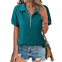 Vivilli Women's Short Sleeve Tops and Blouses Business Casual Collared Tunic Shirt with Zipper