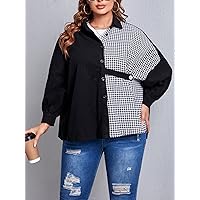 OVEXA Women's Large Size Fashion Casual Winte Plus Collared Strap Detail Houndstooth Panel Overcoat Leisure Comfortable Fashion Special Novelty (Color : Black, Size : X-Large)