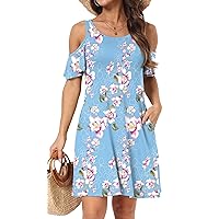 Short/Long Sleeve Women's Cold Shoulder Dress with Pockets Casual Swing T-Shirt Dresses