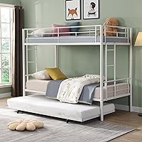 Convertible Bunk Bed Twin Over Twin with Trundle - 3 People Twin Bunk Beds/Detachable Into Three Beds/Noise Free Sturdy Steel Frame/No Box Spring Needed/Space Saving Bunkbed for Dorm