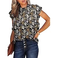 Dokotoo Womens Summer Tops Casual Crewneck Floral Print Shirts Smocked Ruffle Short Sleeve Babydoll Blouses