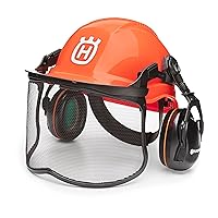 592752601 Chainsaw Helmet with Metal Mesh Face Shield, Adjustable Ear Muffs for Hearing Protection, and Sun Peak, HDPE Forestry Helmet Shell, Orange