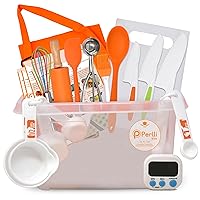 Real Kids Cooking Set with Knives – 31 Pc. Safe Kids Knife Set for Real Cooking with Utensils, Cutting Board, & More – Educational Kitchen Playset for Ages 6+ Baking, Learning, & Fun by Perlli, Orange