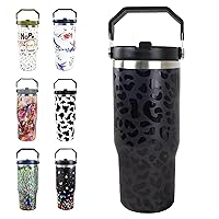 30oz Black Leopard Tumbler with Handle and Straw, Stainless Steel Vacuum Insulated Coffee Tumbler, Travel Mug Water Bottle, Leopard Stuff Accessories Decor, Leopard Gifts for Women