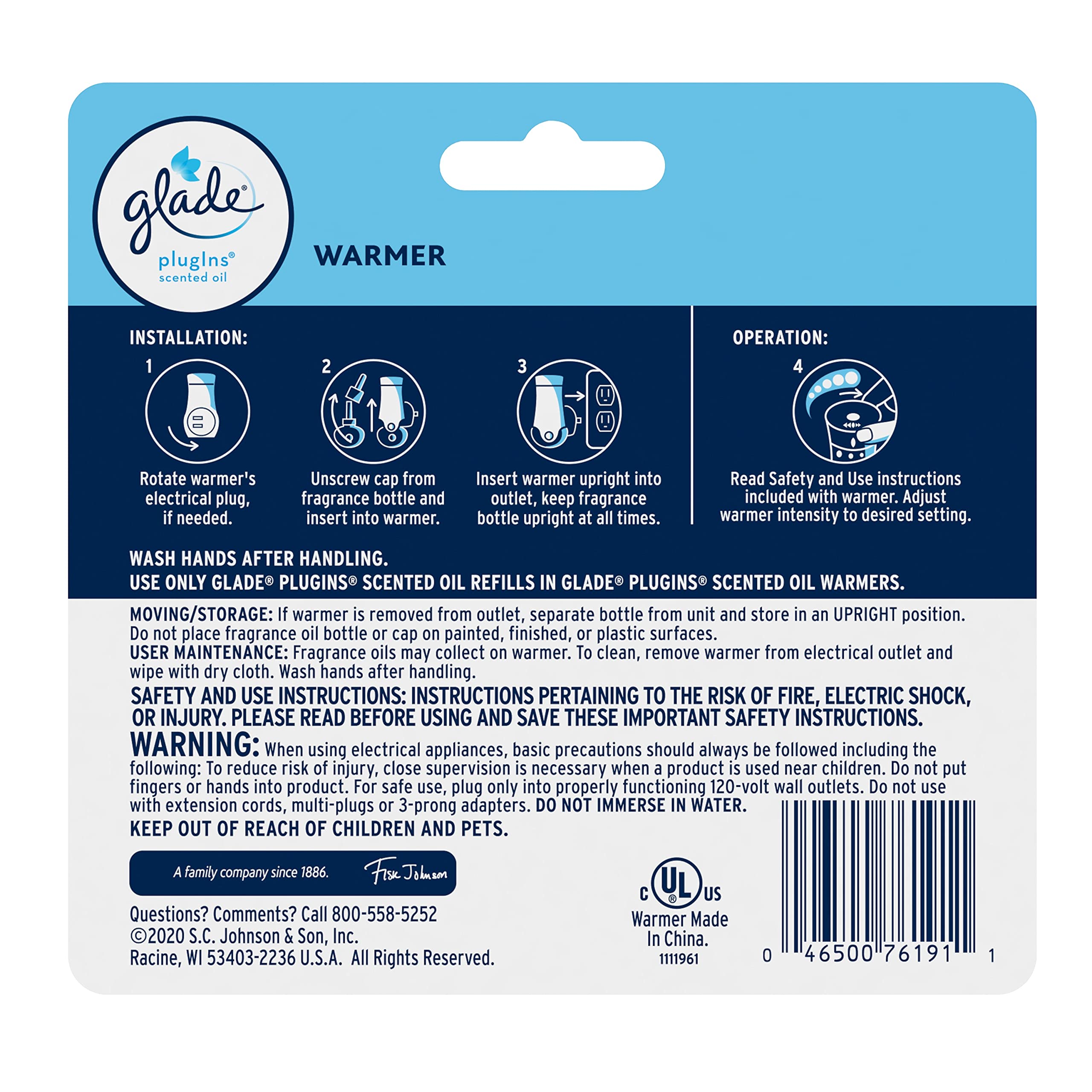 Glade PlugIns Air Freshener Warmer, Scented and Essential Oils for Home and Bathroom, Up to 60 Days on Low Setting, 2 Count