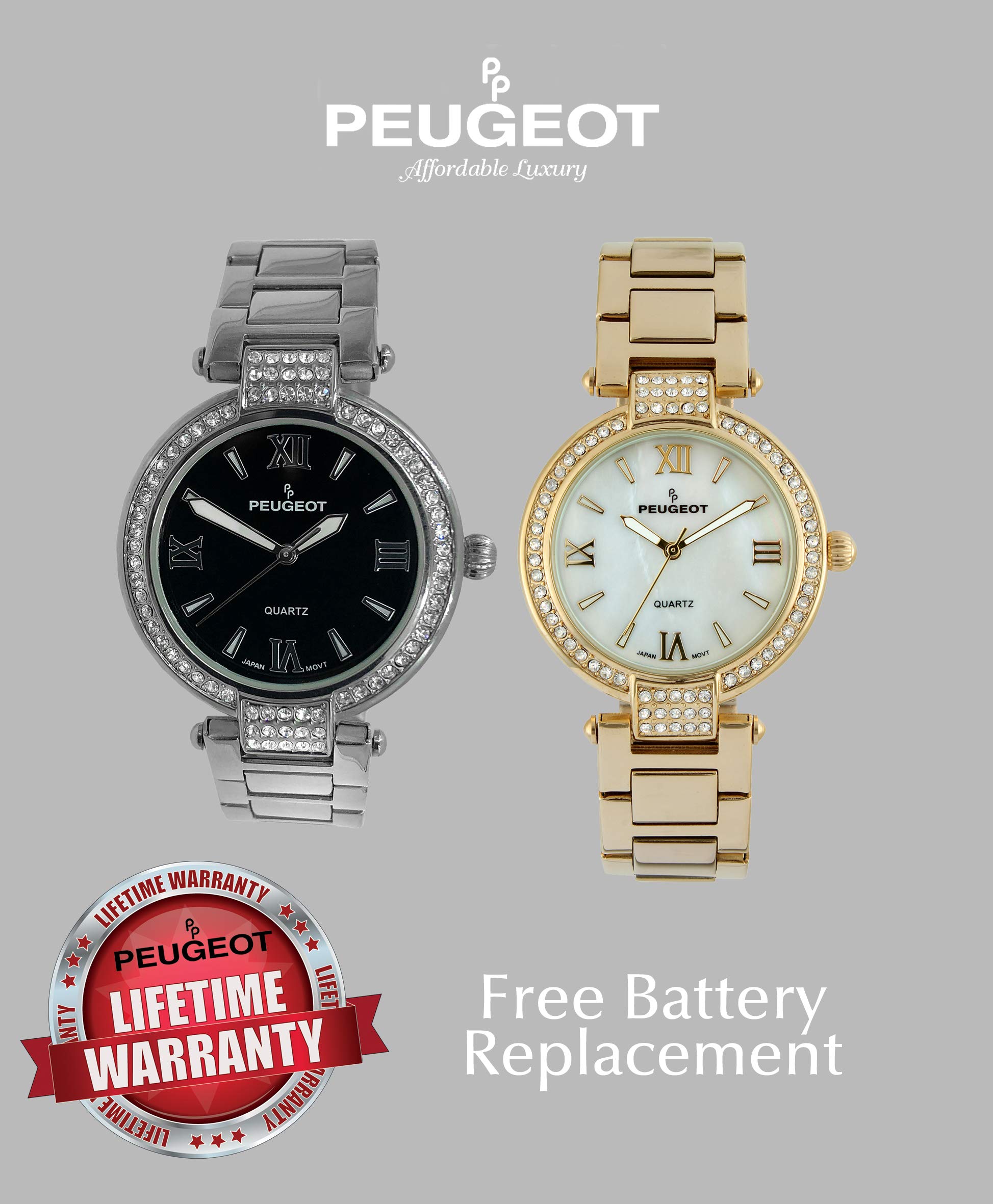 PP Peugeot Women Dress Watch with Crystal Bezel, Mother of Peal Dial with Roman Numeral & T-Bar Metal Link Adjustable Bracelet