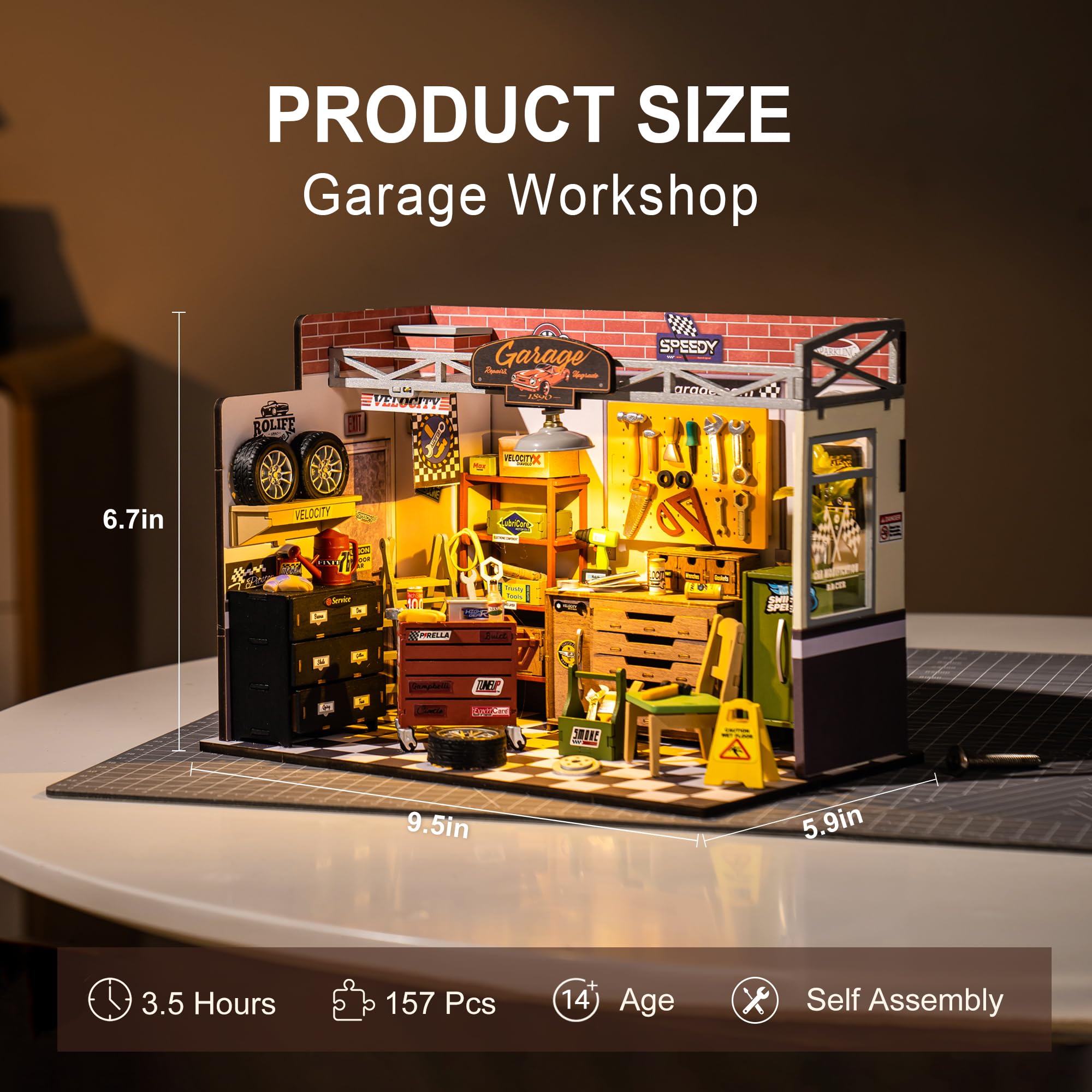 ROBOTIME Miniature House Kit DIY Mini Dollhouse Garage Workshop + Wooden Music Box 3D Puzzles for Adults Sunset Carnival