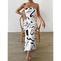 Women's Dress Dresses for Women Graphic Print Mermaid Hem Tube Dress (Color : White, Size : Medium)
