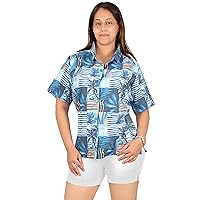 HAPPY BAY Hawaiian Shirts Womens Cotton Linen Effect Shirt Short Sleeve Womens Button Up Collared Blouses Vacation Casual Summer Button Down Holiday Beach Party S Lapis, Tropical