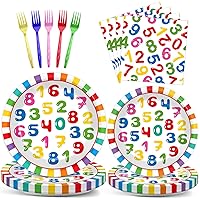 96PCS Educational Party Supplies Number Themed Tableware Set Disposable Plates Napkins Forks Education Party Favors Birthday Party Dinnerware Set for School Classroom Baby Shower Serves 24 Guests
