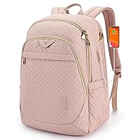 BAGSMART 15.6 Inch Pink Quilted Laptop Backpack for Women with USB Charging Port
