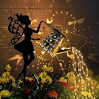 Ouddy Decor Fairy Garden Decor with Solar Watering Can, Metal Fairy Garden Statues with Hanging Lanterns Waterfall Lights Silhouette Waterproof Outdoor Decorative for Lawn Yard Pathway Gardening Gifts