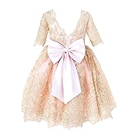PLUVIOPHILY Elbow Sleeves Gold Lace V Back Wedding Flower Girl Dress Kids Party Dress