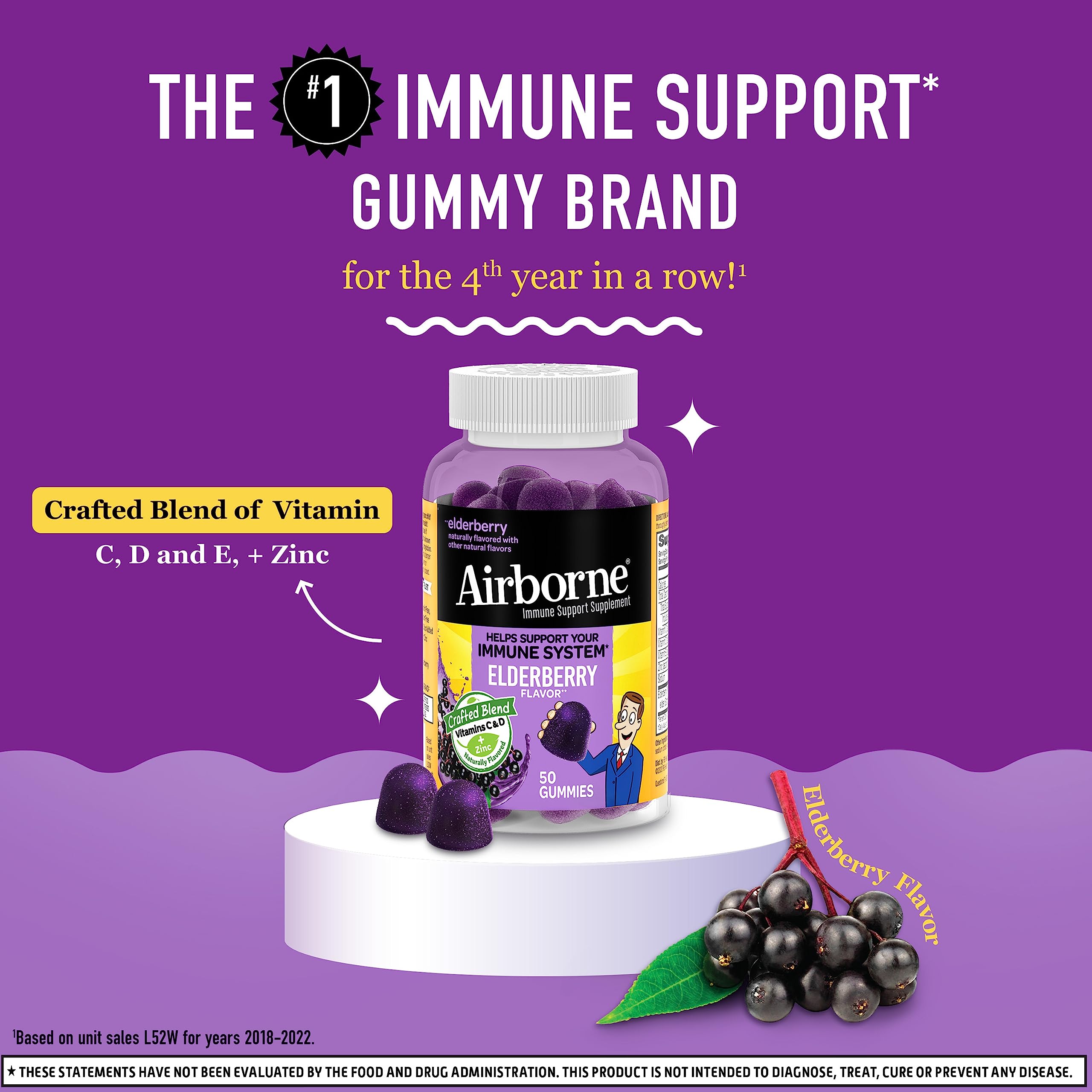 Airborne Elderberry + Zinc & Vitamin C Gummies For Adults, Immune Support Vitamin D & Zinc Gummies With Powerful Antioxidant Vitamins C D & E - 50 Gummies, Elderberry Flavor