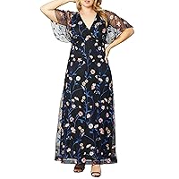 Kiyonna Women's Plus Size Floral Embroidered Elegance Evening Gown | Flattering Long Formal Mesh Dress w/Sleeves