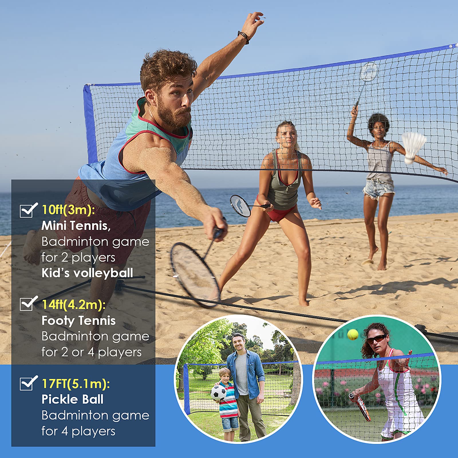 Portable Badminton Volleyball Tennis Net - 10/14/17 ft Net for Soccer Tennis, Pickleball, Beach Ball, Volleyball- Sports Net with Poles & Carrying Bag for Indoor, Outdoor, Beach, Backyard