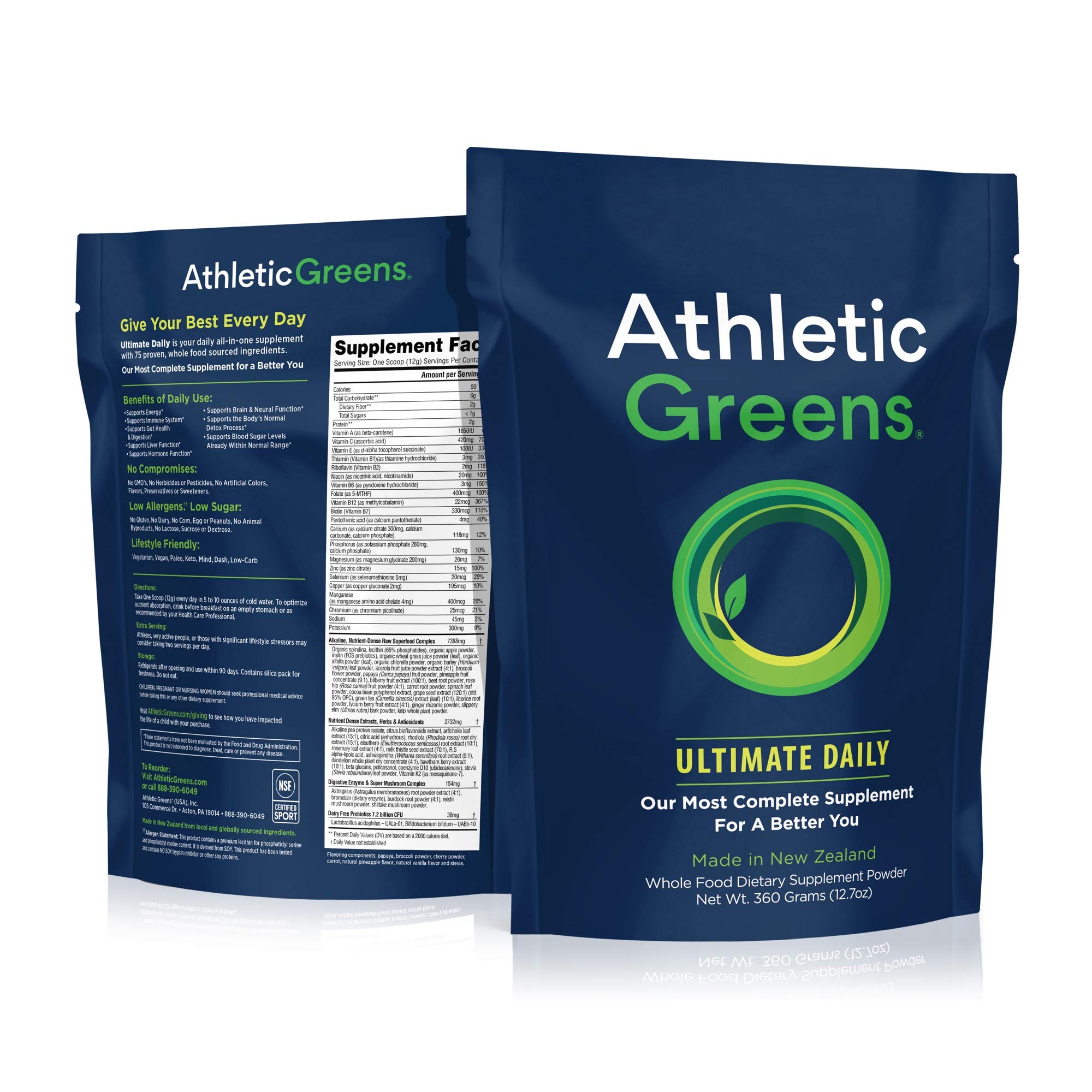 Athletic Greens Ultimate Daily, Whole Food Sourced All in One Greens Supplement Powder, NSF Certified, GlutenFree, Vegan and Keto Friendly, 30 Day Supply, 360 Grams (Athletic Greens Ultimate Daily)