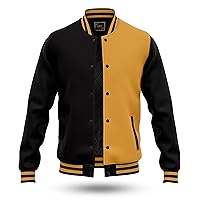 RELDOX Brand Varsity Jacket, Wool Body with Leather Arms Letterman Baseball Unique & Stylish Color Black & Yellow, Size L