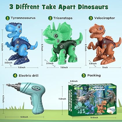 Laradola Dinosaur Toys for 3 4 5 6 7 8 Year Old Boys, Kids Take Apart STEM Construction Building Kids Toys with Electric Drill, Party Christmas Birthday Gifts Boys Girls