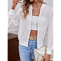 Jackets for Women - Zip Up Floral Lace Bomber Jacket (Color : White, Size : X-Small)