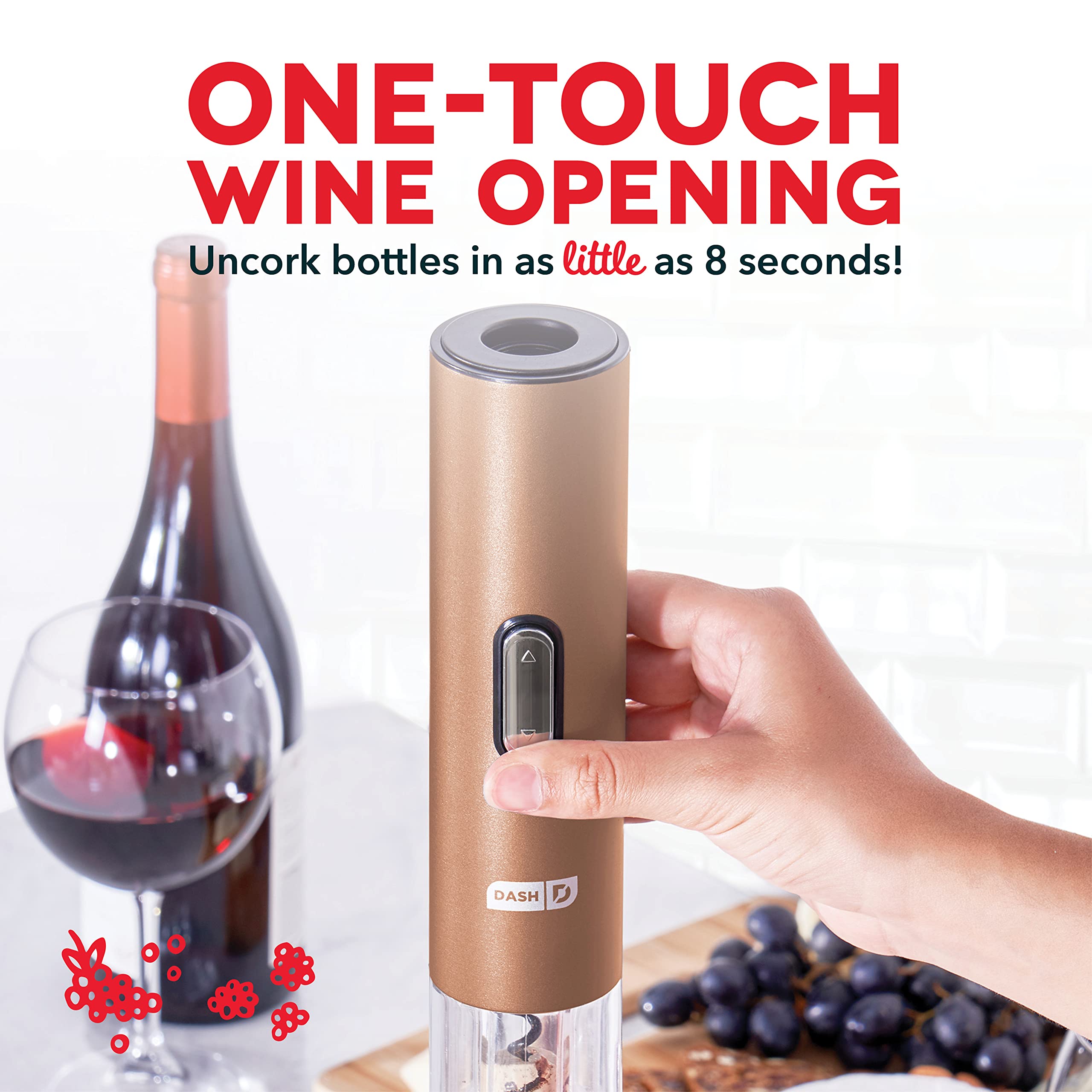Dash Serve & Preserve Wine Set – Rechargeable Electric Wine Preservation System – Wine Bottle Opener, Vacuum Sealer, 2 Reusable Caps + Charging Base – Rose Gold
