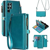 MInCYB for Samsung Galaxy S23 Ultra Case Wallet, Zipper Leather Flip Case with RFID Blocking Cards Holder Slots Wristlet Strap Purse, Detachable Magnetic Folio Cover for Galaxy S23 Ultra. Blue