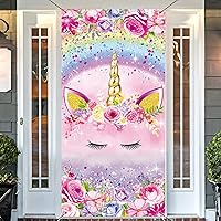 3x6ft Unicorn Pink Purple Rainbow Door Cover Glitter Sequin Flower Door Banner Girl Baby Shower Child 1th Birthday Party Room Poster Outside Porch Sign Decor