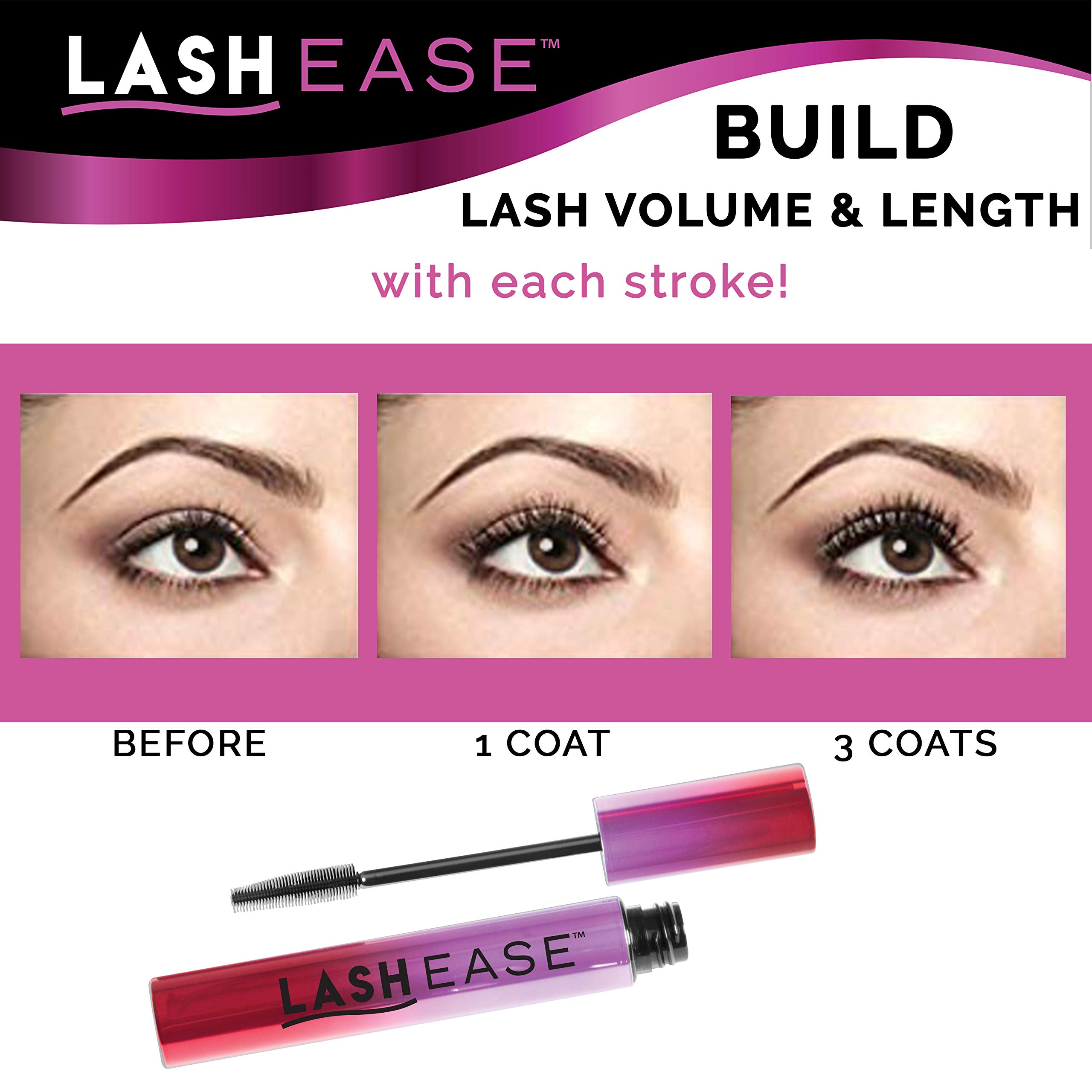 Lash Ease One Step Fiber Building Mascara- Black, Buildable Volume, Lengthens Natural Eyelashes, Lightweight, All Day Wear, 0.38oz