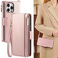 Antsturdy Compatible with iPhone 15 Pro Max Wallet Case for Women【RFID Blocking】 Crossbody Phone Case PU Leather Zipper with Wrist Strap Flip Cover Credit Card Holder for Apple 15 Pro Max,Rose Gold