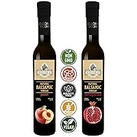 Combo Pack Fresh Peach and Pomegranate Infused Thick Aged Balsamic Vinegar, All-Natural, No- Additives, No-Added Sugars, Italian Dark Glass Bottles, Pack of 2