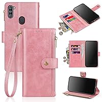 Antsturdy Samsung Galaxy A11 Wallet case with Card Holder for Women Men,Galaxy A11 Phone case RFID Blocking PU Leather Flip Shockproof Cover with Strap Zipper Credit Card Slots,Rose Gold
