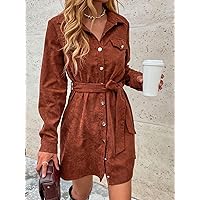 Women's Dress Corduroy Solid Belted Shirt Dress (Color : Rust Brown, Size : Small)
