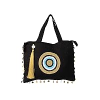 Evil Eye Jute Beach Bags and Totes Eco-Friendly Sustainable Black Gold Eye Tote Bag for Women Zipper Top with Crystals and Tassels Water Resistant with Wipeable Inner Lining, Large