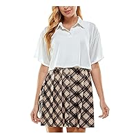 Womens Beige Pleated Printed Skirt Short Sleeve Collared Short Fit + Flare Dress Juniors S