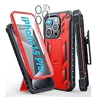 FNTCASE for iPhone 15 Pro Case: with Belt-Clip Holster & Built-in Screen Protector & Kickstand, Full-Body Dual Layer Heavy Duty Rugged Military Shockproof Protective Cell Phone Cover 6.1 inch-Red