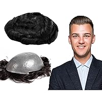 GEX Toupee For Men Human Hair HairPiece 0.08mm Thin Skin 8x10 inch Deep Black Durable V-looped Wig Replacement Systems TS(1#)