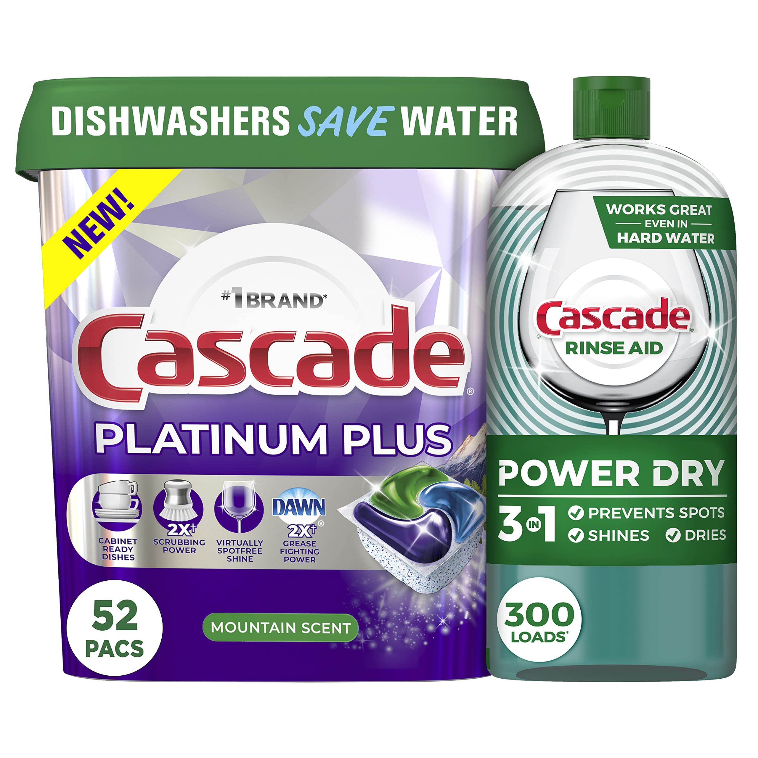 Bundle of Cascade Platinum Plus ActionPacs Dishwasher Detergent Pods, Mountain, 52 Count + Cascade Rinse Aid Platinum, Dishwasher Rinse Agent, Regular Scent, 30.5 oz