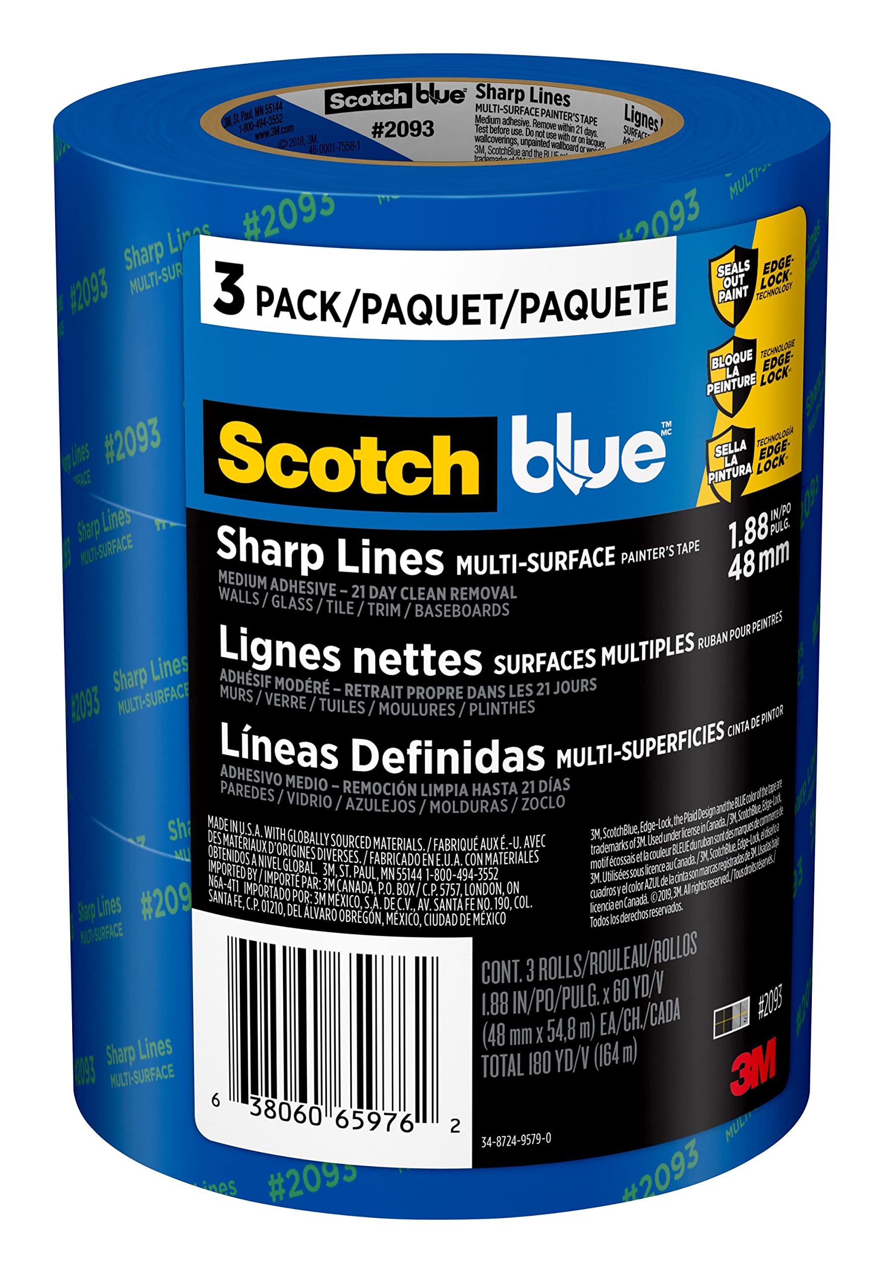 Scotch Painter's Tape 2093-48TC3 2093 Sharp Lines Multi-Surface Painters Tape, 3 rolls, Blue, 3 rolls