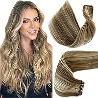 Sew in Hair Extensions Human Hair 120G Thickness Real Remy Hair Weft Balayage Ash Brown with 2 Tones Blonde Highlights Sew in Brazilian Hair Weave Bundles Double Weft Silky Straight Full Head 22 Inch