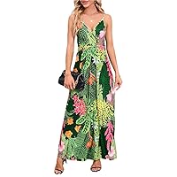Womens Maxi Dress V Neck Sleeveless Spaghetti Strap Floral Sundress Beach High Waist Casual Long Flowy Dress