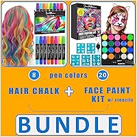 Jim&Gloria 8 Dustless Hair Chalk Temporary Hair Dye Color + Face Painting Kit 20 Colors Includes Stencils, Glow in The Dark & Metallic Colors and Brushes