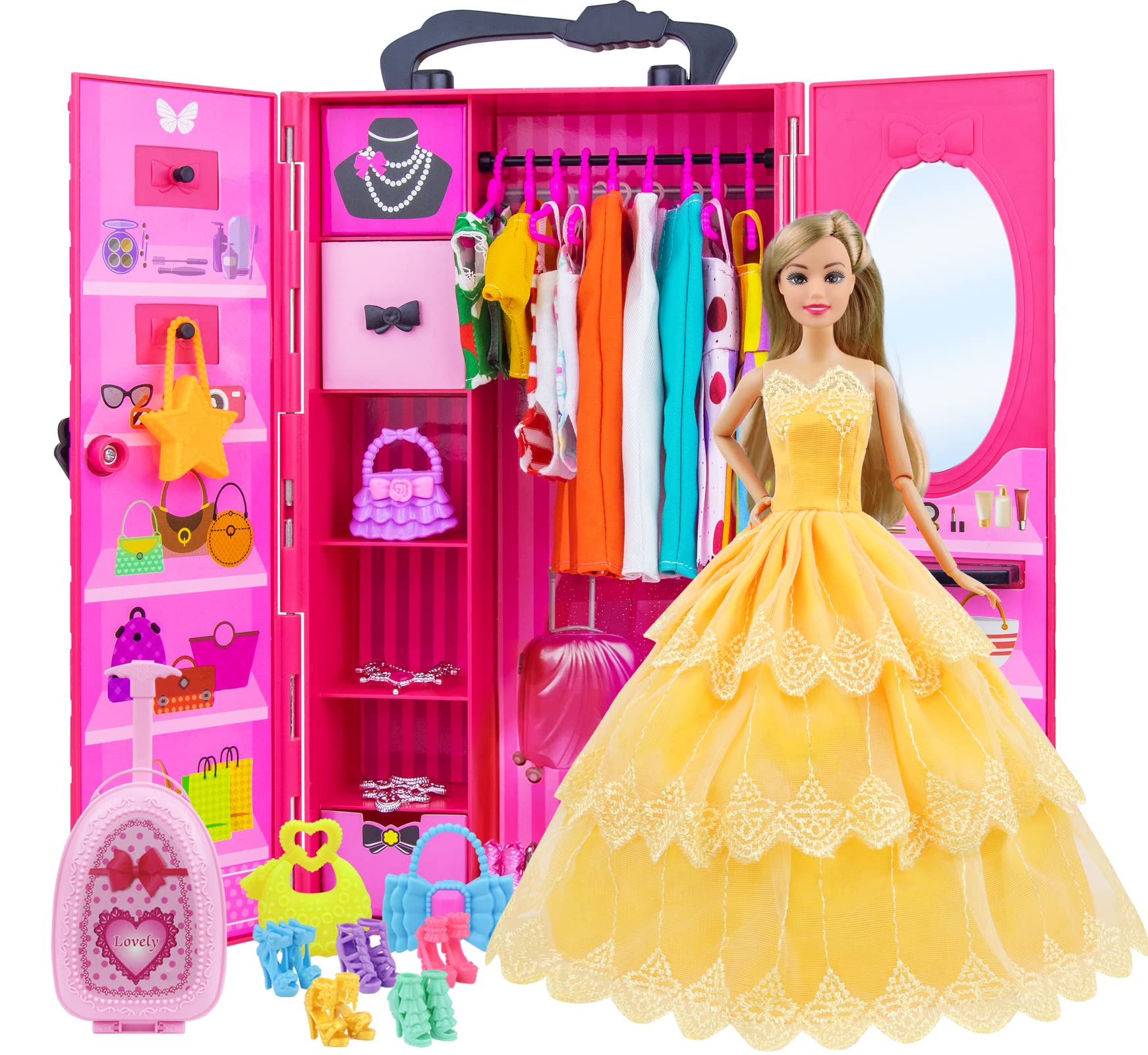 ZITA ELEMENT 11.5 Inch Girl Doll Closet Wardrobe with Clothes and Accessories Set 101 Pcs Including Wardrobe Suitcase Clothes Dresses Swimsuits Shoes Hangers Necklace Bags and Other Stuff