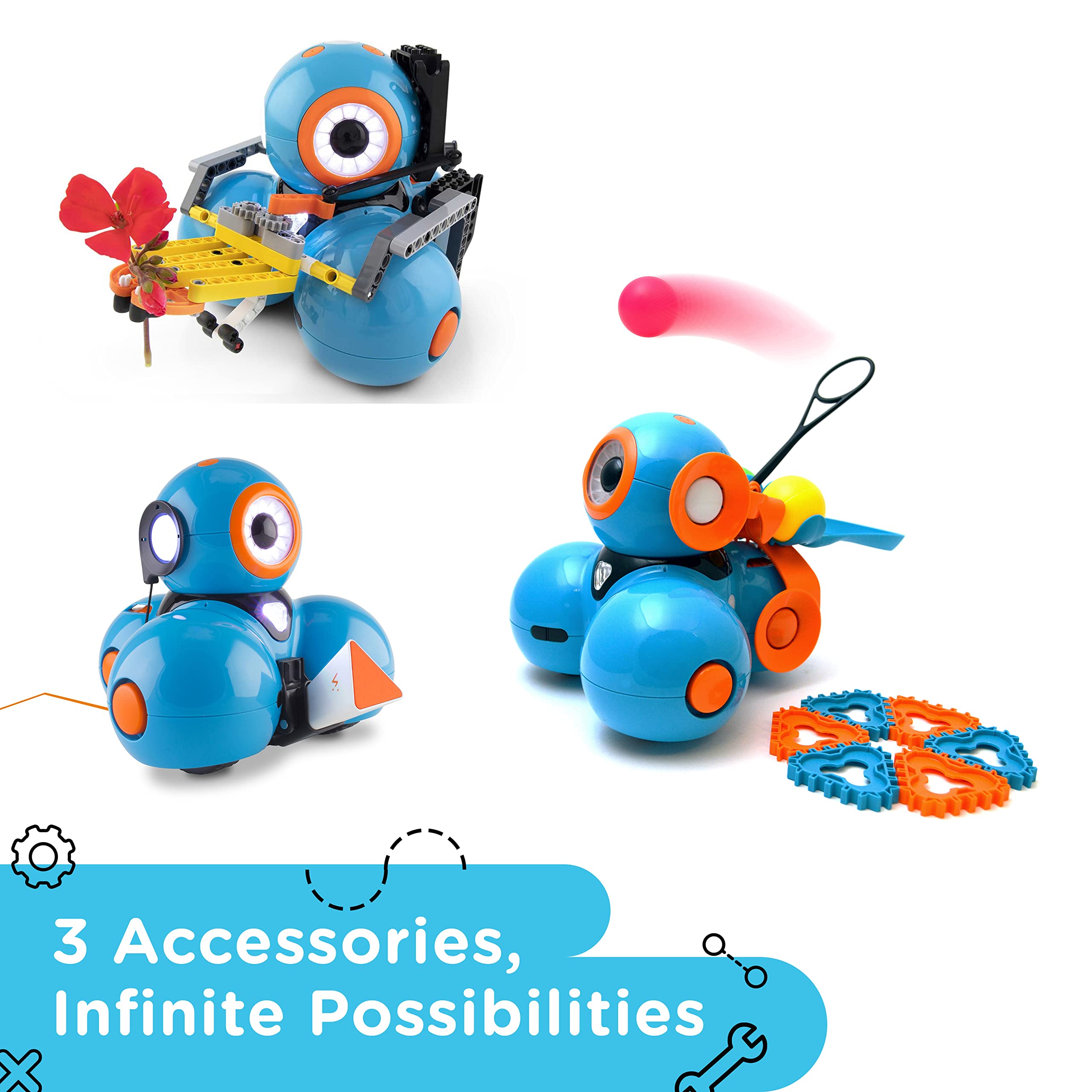 Wonder Workshop Dash Robot Wonder Pack – Coding Educational Bundle for Kids 6+ – Free STEM Apps with Instructional Videos - Launcher Toy, Sketch Kit Drawing, Gripper Building