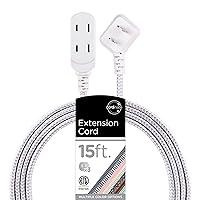 Cordinate Designer 3-Outlet Extension Cord, 2 Prong Power Strip, Extra Long 15 Ft Cable with Flat Plug, Braided Chevron Fabric Cord, Slide-to-Close Safety Outlets, White/Gray, 43431
