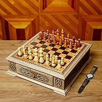 NOVICA Handmade Wood Chess Set Traditional Wooden from Uzbekistan Brown Sets Games Folk Art 'Classic Strategy'