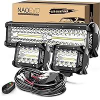NAOEVO 12Inch LED Light Bar and 2PCS 4Inch LED Pod Lights, 420W 42000LM LED Fog/Driving/Off Road Lights Bar, Spot Flood Combo LED Light Bar with Wiring Harness Kit-3 Lead for Truck ATV Jeep Boat