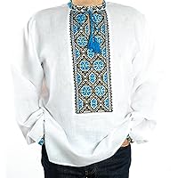 Ukrainian Vyshyvanka Men's Embroidered White Blue Yellow SHIRT Linen L FATHER'S DAYSALE