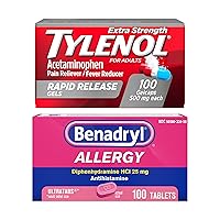 Benadryl Ultratabs Antihistamine Allergy Relief Tablets with 25 mg Diphenhydramine HCl, 100 ct and Tylenol Extra Strength Pain Reliever Rapid Release Gels with 500 mg Acetaminophen, 100 ct